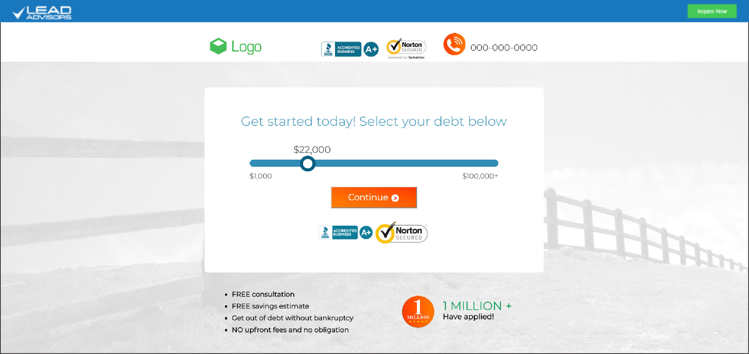 LeadAds landing page - debt selection screen